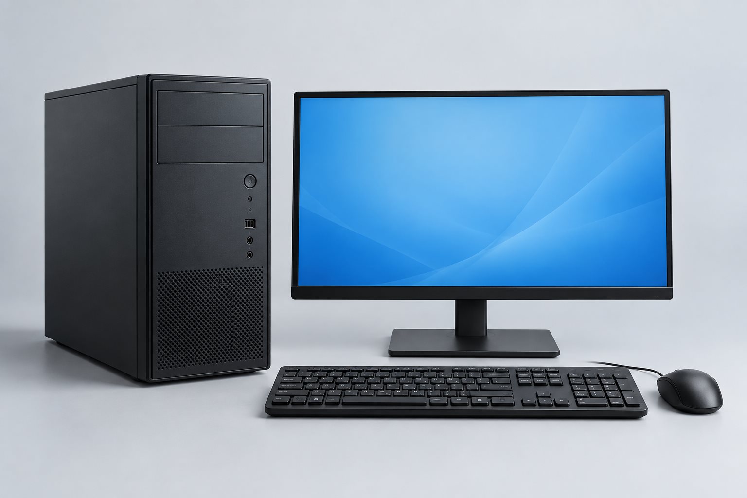Illustrative assembled desktop computer, keyboard and mouse