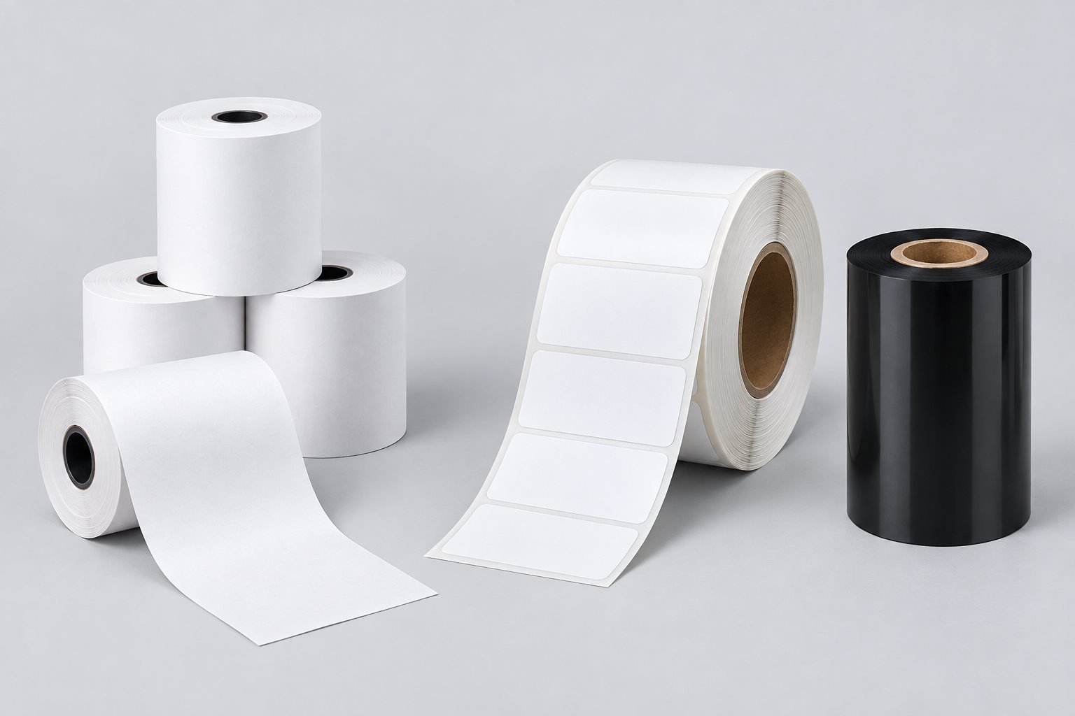 Illustrative thermal paper rolls, barcode label stickers and black printer ribbon