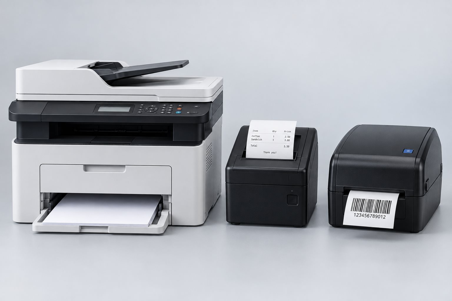 Illustrative office printer, thermal receipt printer and barcode label printer