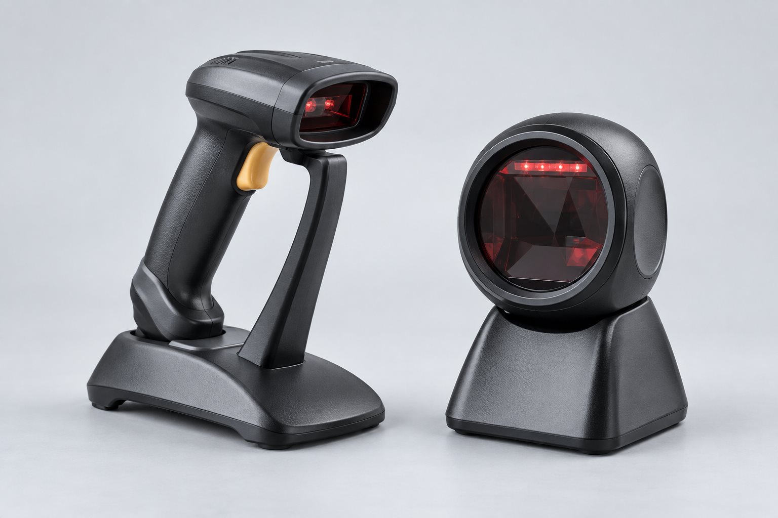Illustrative handheld barcode scanner gun and tabletop presentation scanner